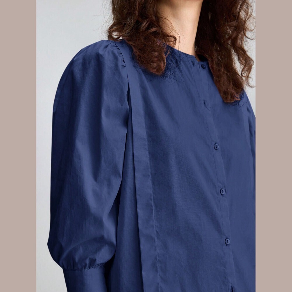 Navy Blue Cotton Button Front Shirt with Pleated Bishop Sleeves